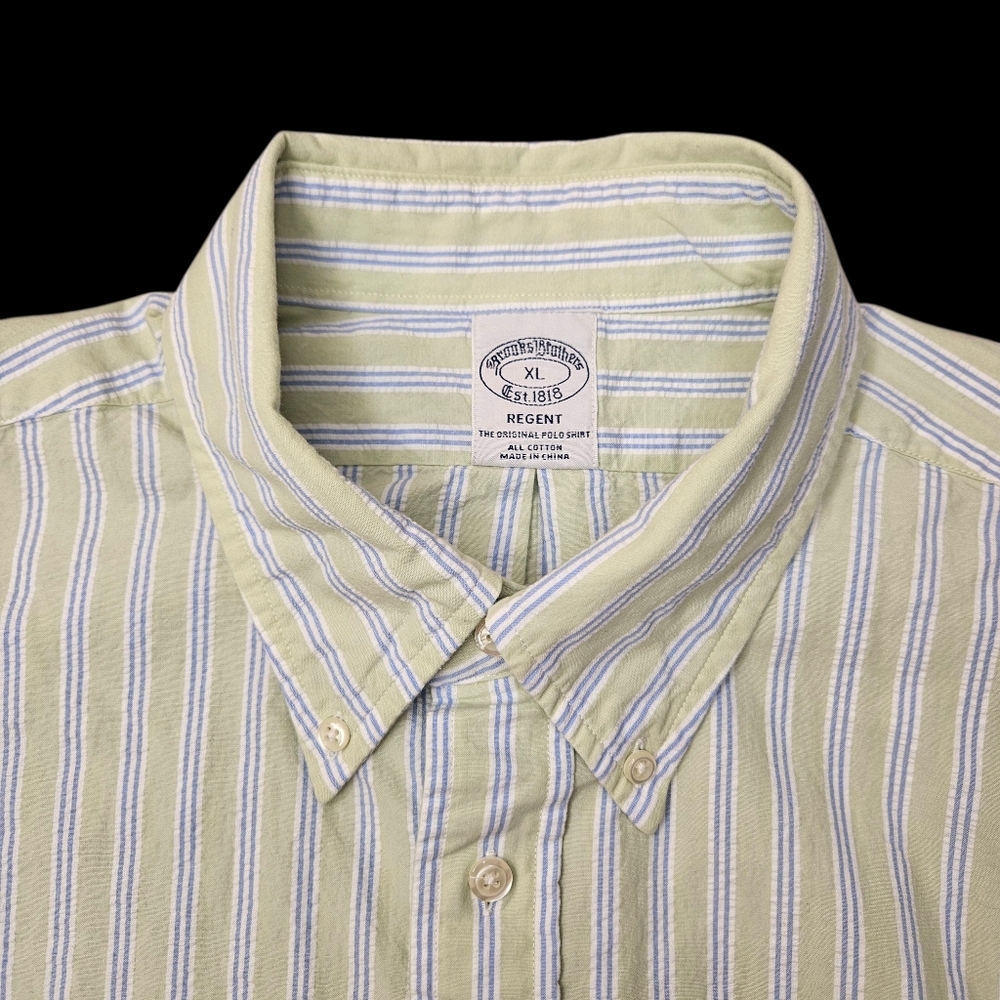 men's Brooks Brothers Regent seersucker green blue striped long sleeve shirt XL